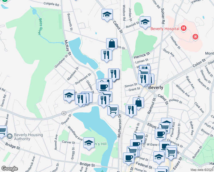 map of restaurants, bars, coffee shops, grocery stores, and more near 900 Cummings Center in Beverly