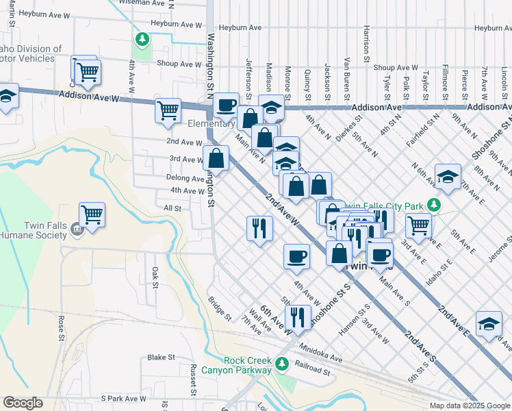 map of restaurants, bars, coffee shops, grocery stores, and more near 505 3rd Avenue West in Twin Falls