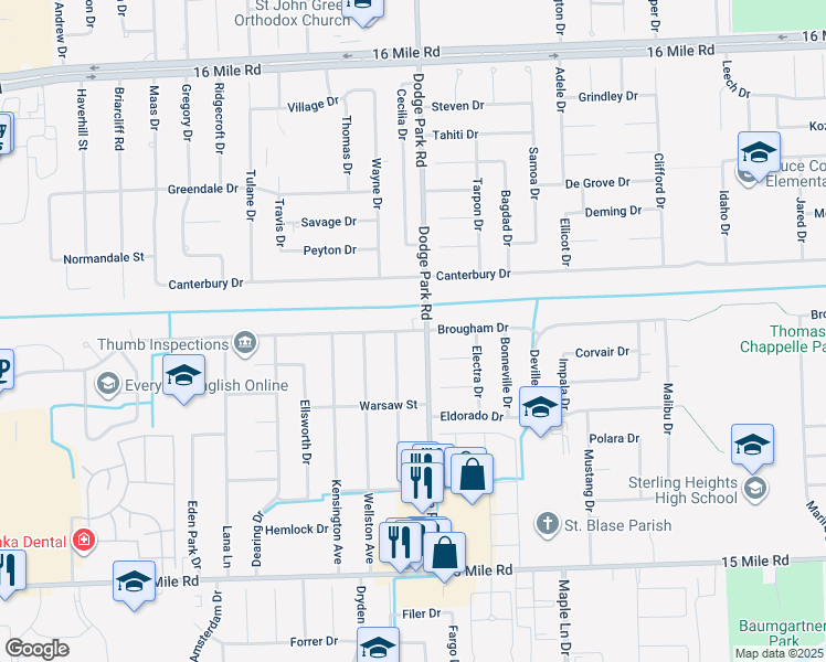 map of restaurants, bars, coffee shops, grocery stores, and more near 35825 Dodge Park Road in Sterling Heights
