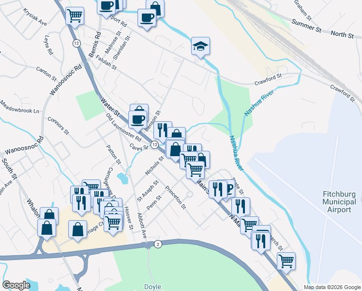 map of restaurants, bars, coffee shops, grocery stores, and more near 29 Battles Street in Leominster