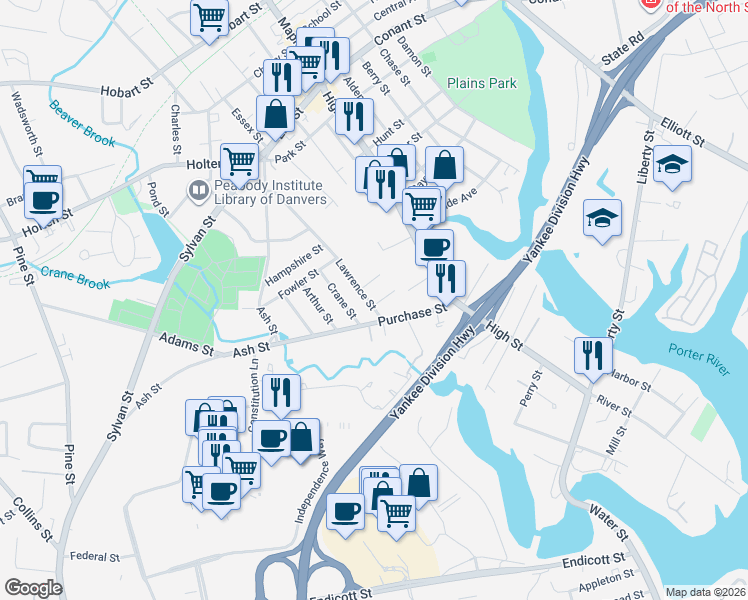 map of restaurants, bars, coffee shops, grocery stores, and more near 69 Lawrence Street in Danvers