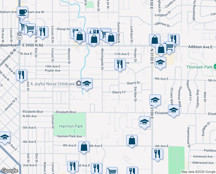 map of restaurants, bars, coffee shops, grocery stores, and more near 1938 Sherry Lane in Twin Falls