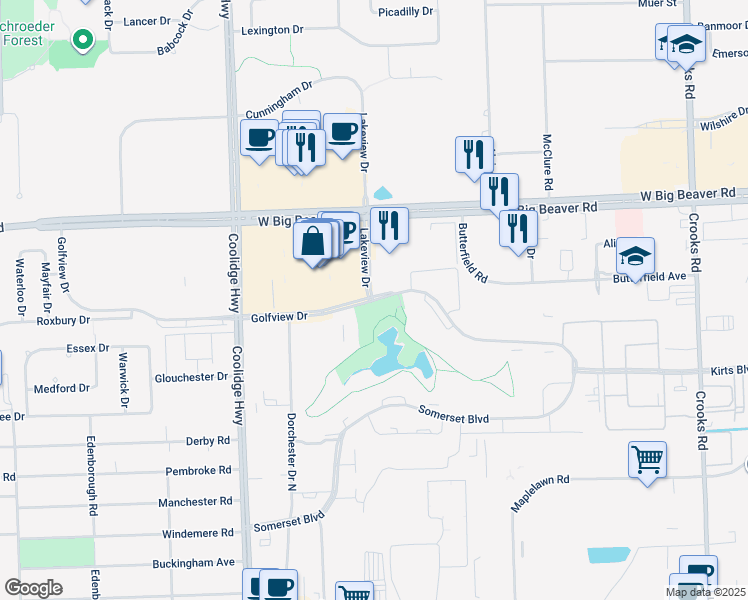 map of restaurants, bars, coffee shops, grocery stores, and more near in Troy
