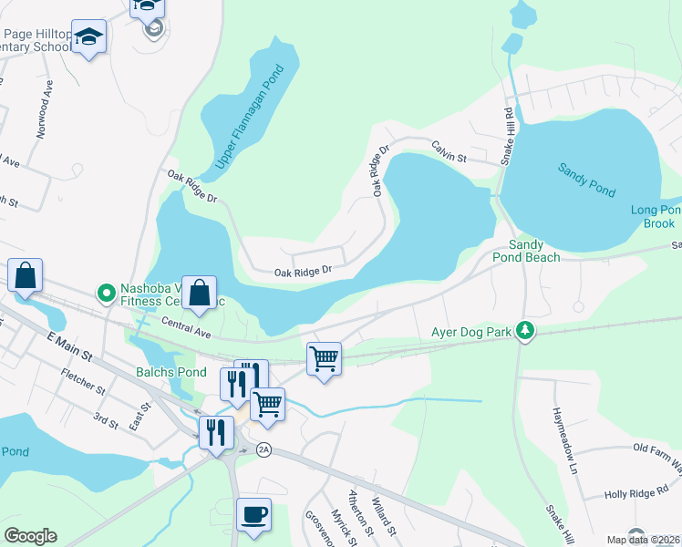 map of restaurants, bars, coffee shops, grocery stores, and more near 160 Central Avenue in Ayer