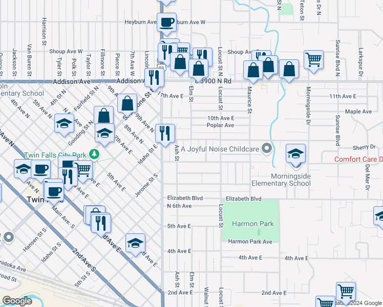 map of restaurants, bars, coffee shops, grocery stores, and more near 818 Elm Street in Twin Falls