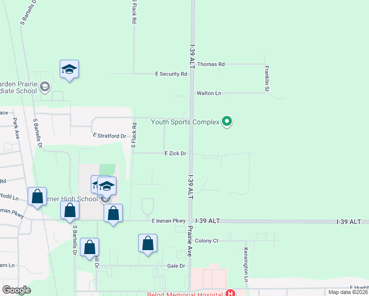 map of restaurants, bars, coffee shops, grocery stores, and more near 1803 East Zick Drive in Beloit