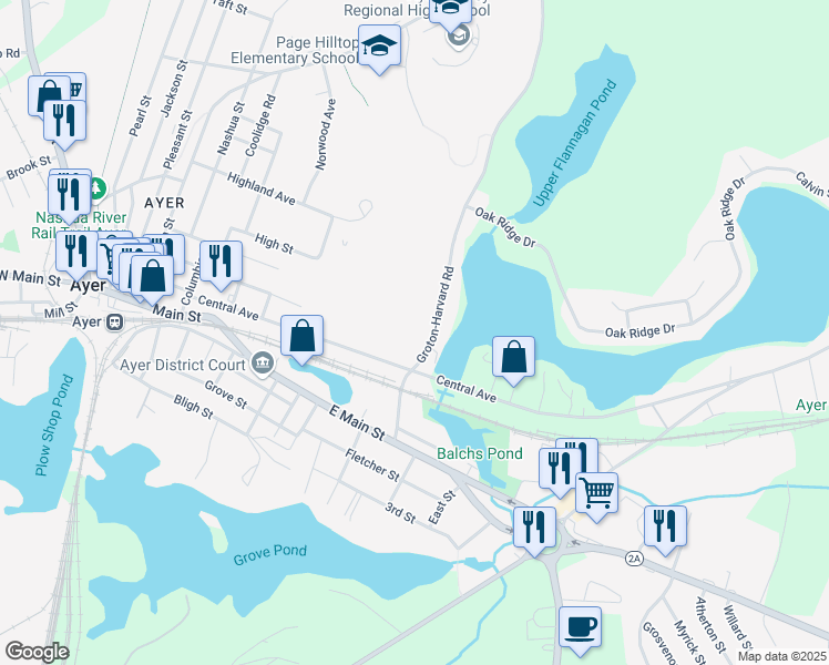 map of restaurants, bars, coffee shops, grocery stores, and more near 22 Groton-Harvard Road in Ayer