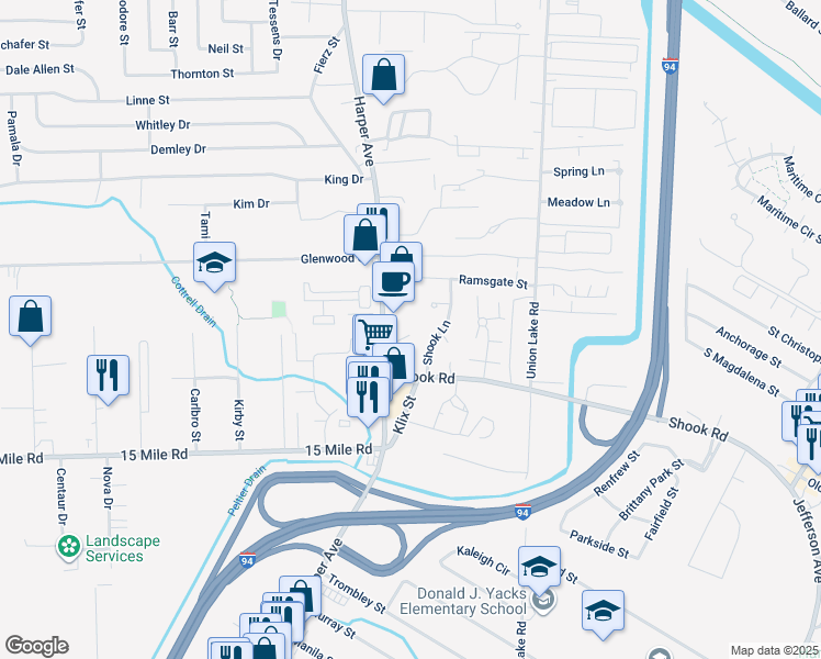 map of restaurants, bars, coffee shops, grocery stores, and more near 35470 Klix Street in Clinton Township