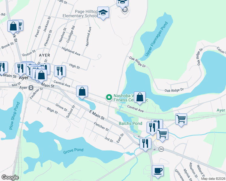 map of restaurants, bars, coffee shops, grocery stores, and more near 22 Groton-Harvard Road in Ayer
