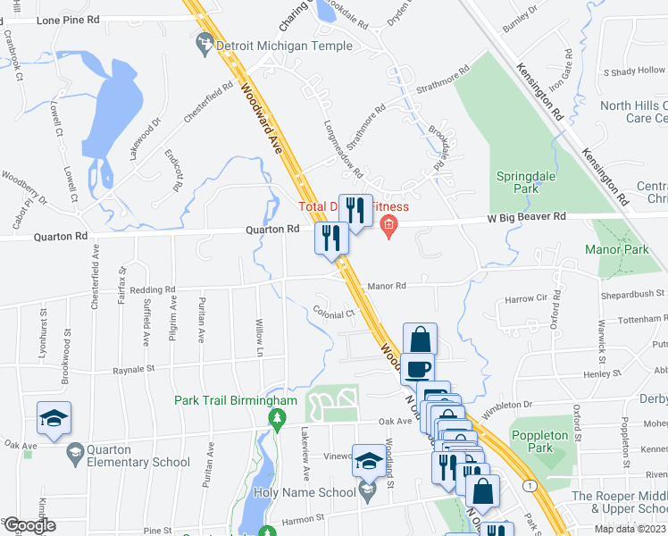 map of restaurants, bars, coffee shops, grocery stores, and more near 36801 Woodward Avenue in Birmingham