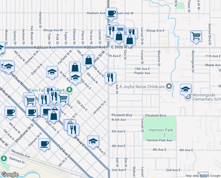 map of restaurants, bars, coffee shops, grocery stores, and more near 759 Blue Lakes Boulevard in Twin Falls