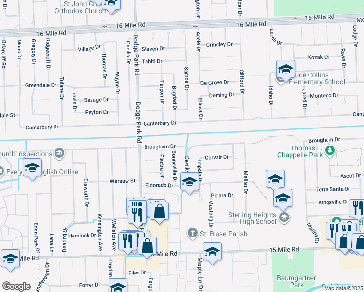 map of restaurants, bars, coffee shops, grocery stores, and more near Brougham Drive in Sterling Heights