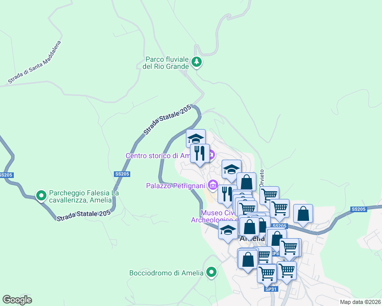 map of restaurants, bars, coffee shops, grocery stores, and more near 20 Via del Teatro in Amelia