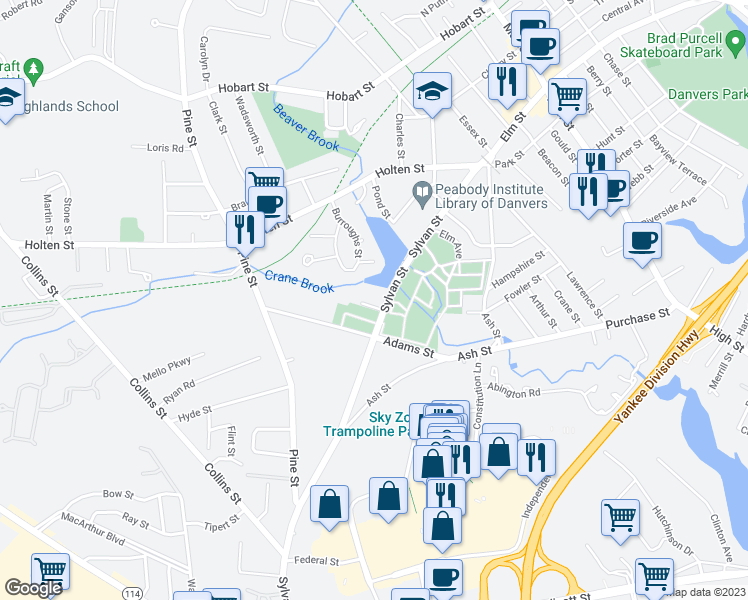 map of restaurants, bars, coffee shops, grocery stores, and more near 57 Sylvan Street in Danvers