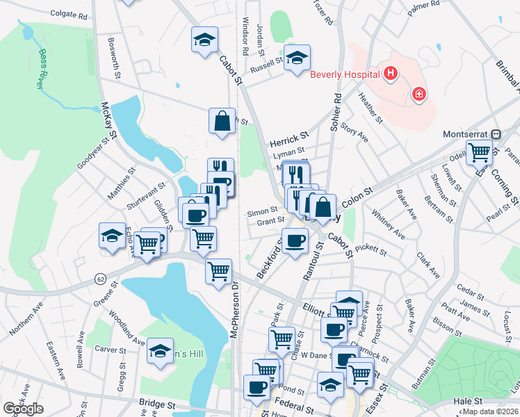 map of restaurants, bars, coffee shops, grocery stores, and more near 416 Cabot Street in Beverly