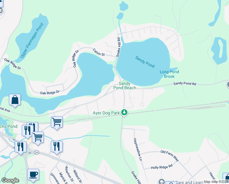 map of restaurants, bars, coffee shops, grocery stores, and more near 62 Sandy Pond Road in Ayer