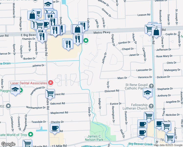 map of restaurants, bars, coffee shops, grocery stores, and more near 36442 Park Place Drive in Sterling Heights
