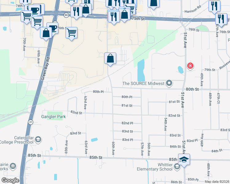 map of restaurants, bars, coffee shops, grocery stores, and more near 7927 60th Avenue in Kenosha