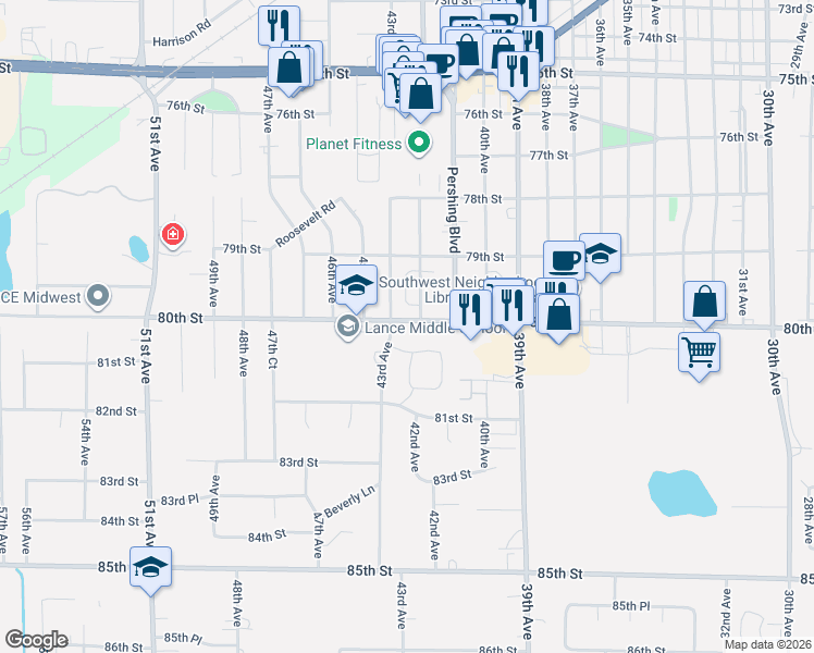 map of restaurants, bars, coffee shops, grocery stores, and more near 4221 80th Street in Kenosha