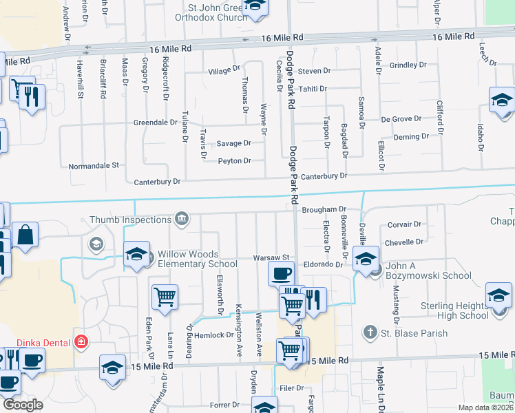 map of restaurants, bars, coffee shops, grocery stores, and more near 11502 Canterbury Drive in Sterling Heights