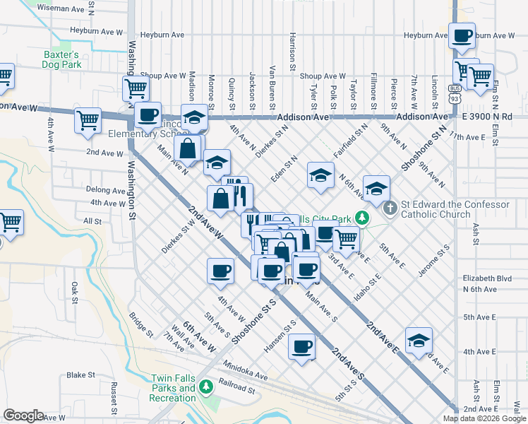 map of restaurants, bars, coffee shops, grocery stores, and more near 216 Eden Street West in Twin Falls