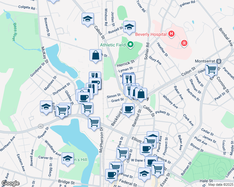 map of restaurants, bars, coffee shops, grocery stores, and more near 416 Cabot Street in Beverly