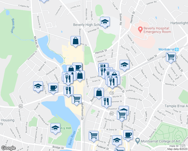map of restaurants, bars, coffee shops, grocery stores, and more near 416 Cabot Street in Beverly