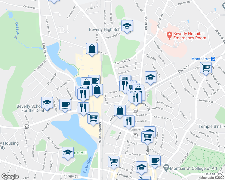 map of restaurants, bars, coffee shops, grocery stores, and more near 416 Cabot Street in Beverly