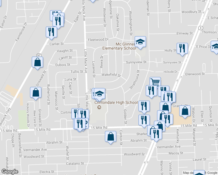 map of restaurants, bars, coffee shops, grocery stores, and more near 20965 Danbury Street in Charter Township of Clinton