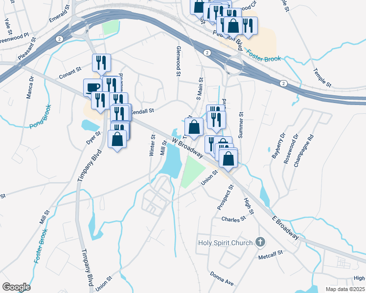 map of restaurants, bars, coffee shops, grocery stores, and more near 102 West Broadway in Gardner