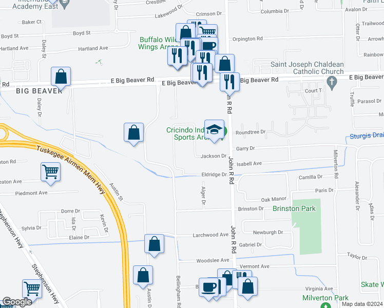 map of restaurants, bars, coffee shops, grocery stores, and more near 1680 Jackson Drive in Troy