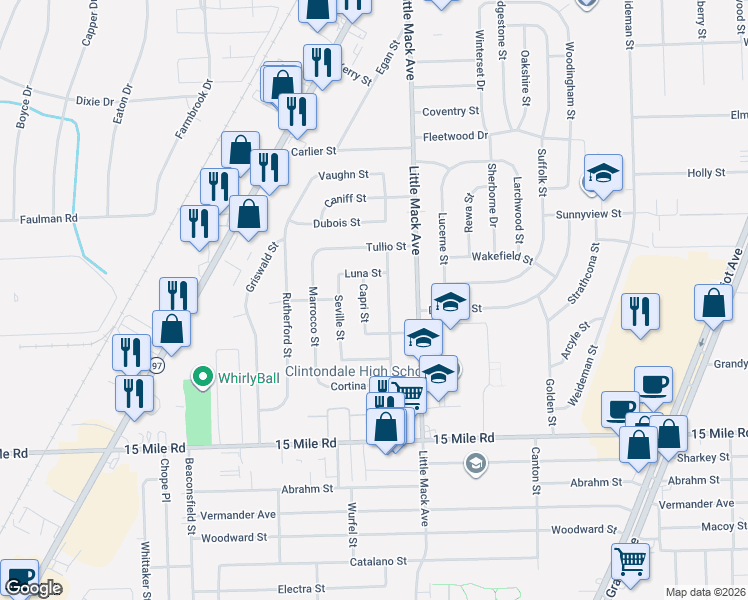 map of restaurants, bars, coffee shops, grocery stores, and more near 20510 Luna Street in Clinton Township