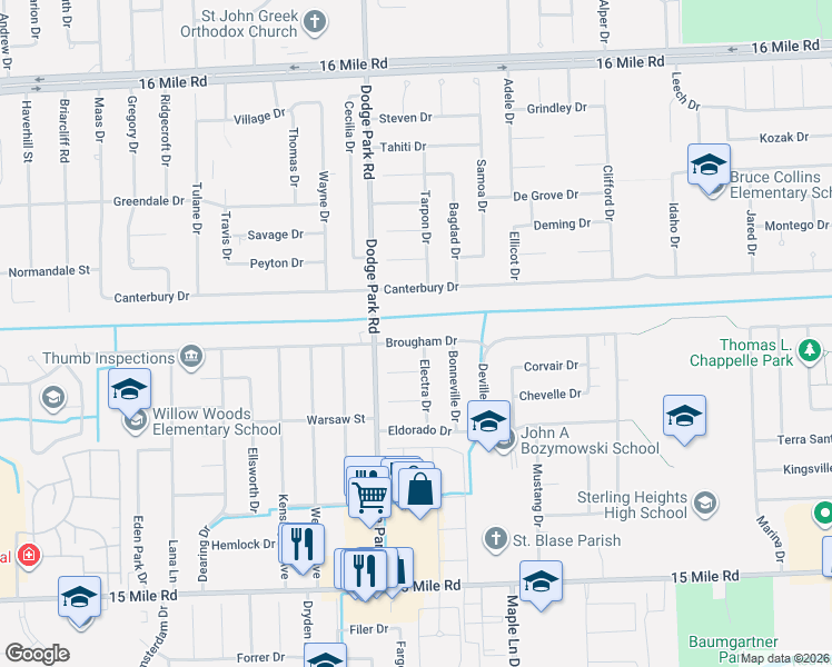 map of restaurants, bars, coffee shops, grocery stores, and more near 11662 Canterbury Drive in Sterling Heights