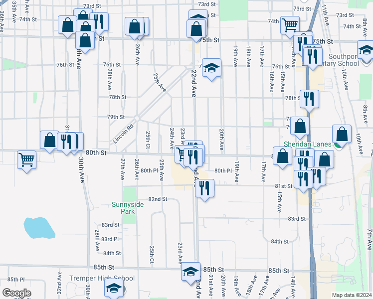 map of restaurants, bars, coffee shops, grocery stores, and more near 7951 23rd Avenue in Kenosha