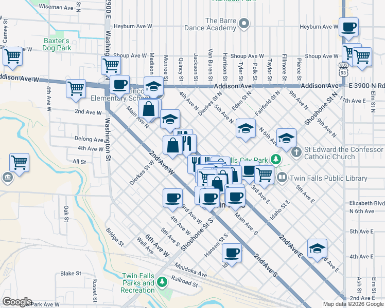 map of restaurants, bars, coffee shops, grocery stores, and more near 216 Eden Street West in Twin Falls