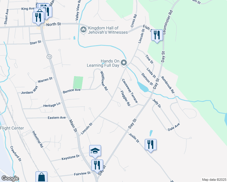 map of restaurants, bars, coffee shops, grocery stores, and more near 192 Lincoln Street in Leominster