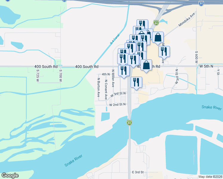 map of restaurants, bars, coffee shops, grocery stores, and more near 364 North Miller Avenue in Burley