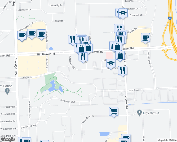 map of restaurants, bars, coffee shops, grocery stores, and more near 1900 Melcombe Circle in Troy