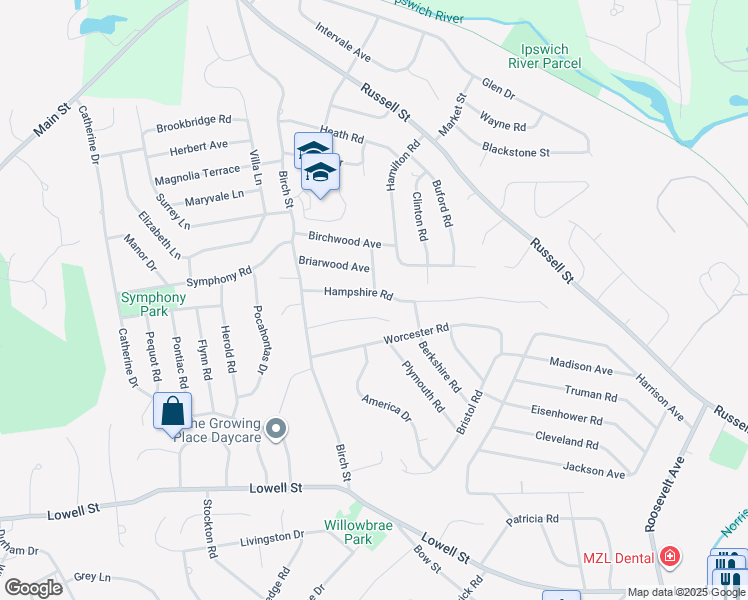 map of restaurants, bars, coffee shops, grocery stores, and more near 12 Hampshire Road in Peabody