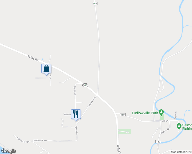 map of restaurants, bars, coffee shops, grocery stores, and more near 2 County Road 155 in Lansing