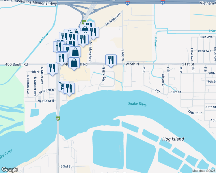 map of restaurants, bars, coffee shops, grocery stores, and more near 32 River Run Estates in Burley