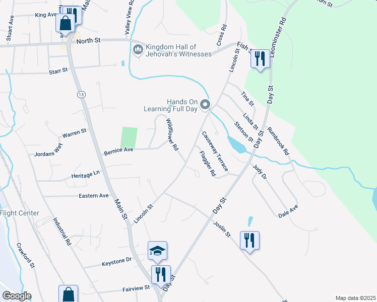 map of restaurants, bars, coffee shops, grocery stores, and more near 192 Lincoln Street in Leominster