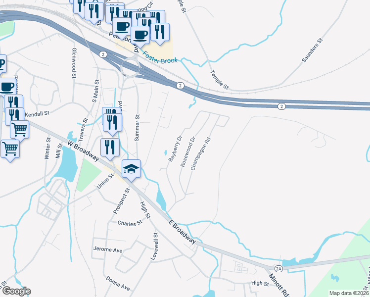 map of restaurants, bars, coffee shops, grocery stores, and more near 90 Rosewood Drive in Gardner