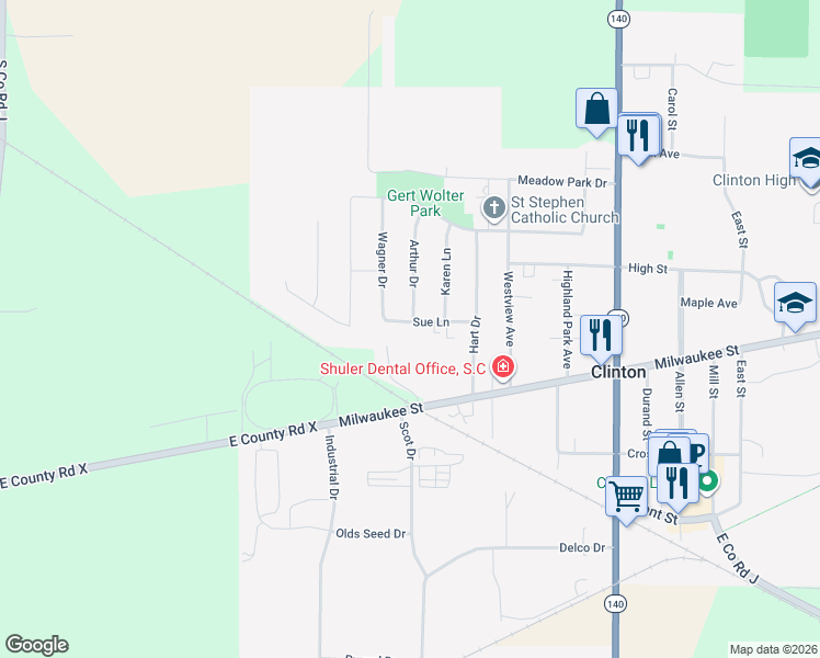 map of restaurants, bars, coffee shops, grocery stores, and more near 813 Sue Lane in Clinton