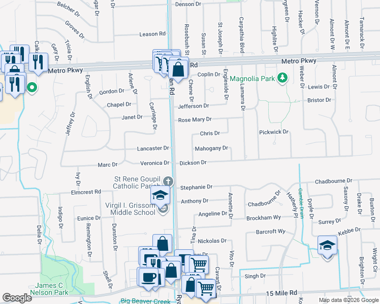map of restaurants, bars, coffee shops, grocery stores, and more near 36183 Pompano Drive in Sterling Heights