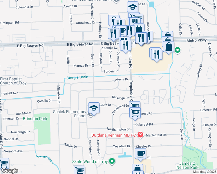 map of restaurants, bars, coffee shops, grocery stores, and more near 2782 Athena Drive in Troy