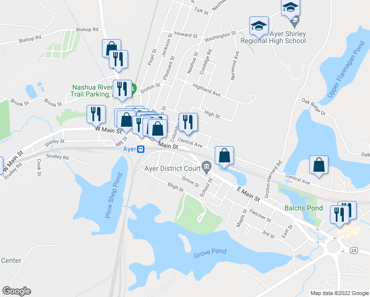map of restaurants, bars, coffee shops, grocery stores, and more near 10 East Main Street in Ayer