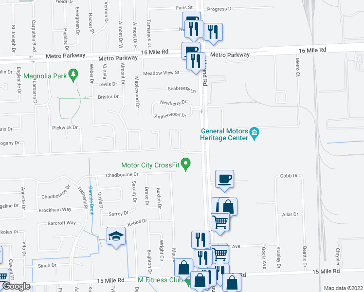 map of restaurants, bars, coffee shops, grocery stores, and more near 36360 Dominion Circle in Sterling Heights