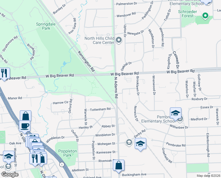 map of restaurants, bars, coffee shops, grocery stores, and more near 2930 North Adams Road in Troy