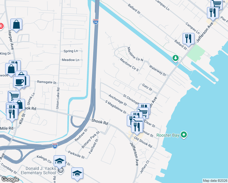 map of restaurants, bars, coffee shops, grocery stores, and more near 25043 Saint Christopher Street in Harrison Township